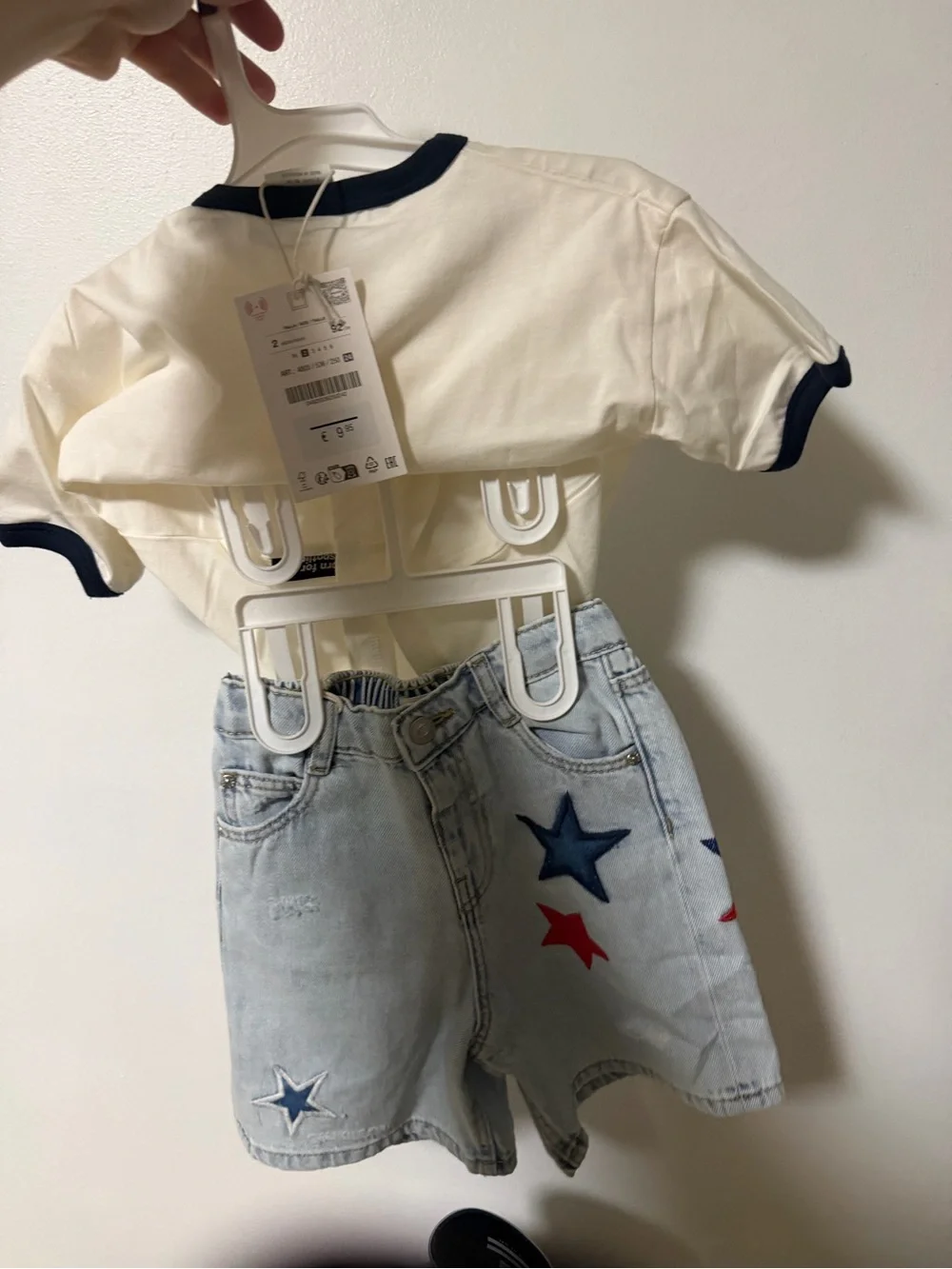 Zara Cream Ringer Tee & Light Wash Denim Shorts Set with Star Patches